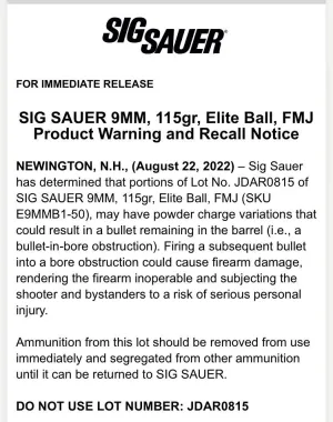 SIG Sauer Recall on 9mm ammo