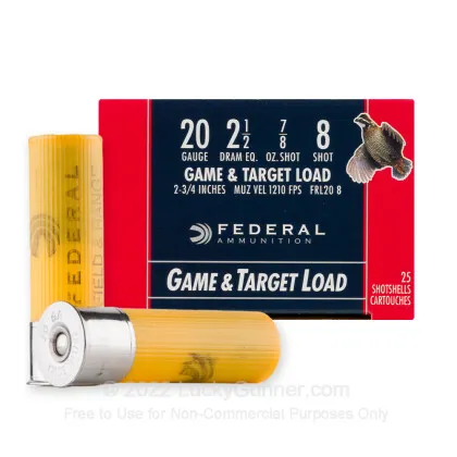 20 Gauge - 2-3/4" 7/8oz. #8 Shot - Federal Field & Range - 250 Rounds